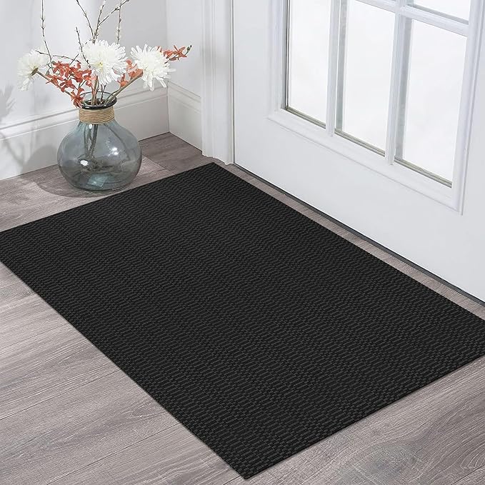 KOZYFLY Washable Area Rug 2x3 Ft Small Entryway Rug Indoor Door Mat Throw Rugs with Rubber Backing, Braided Cotton Floor Carpet for Front Entrance Bathroom Kitchen Foyer, Black/Grey