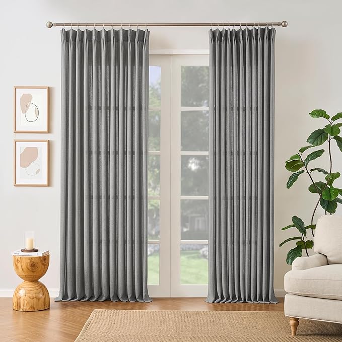 Grey Pinch Pleated Curtains 84 Inches Long 2 Panels, Soft Linen Textured Window Drapes for Bedroom Living Room Semi Sheer Light Filtering Back Tab with Hooks 70x84