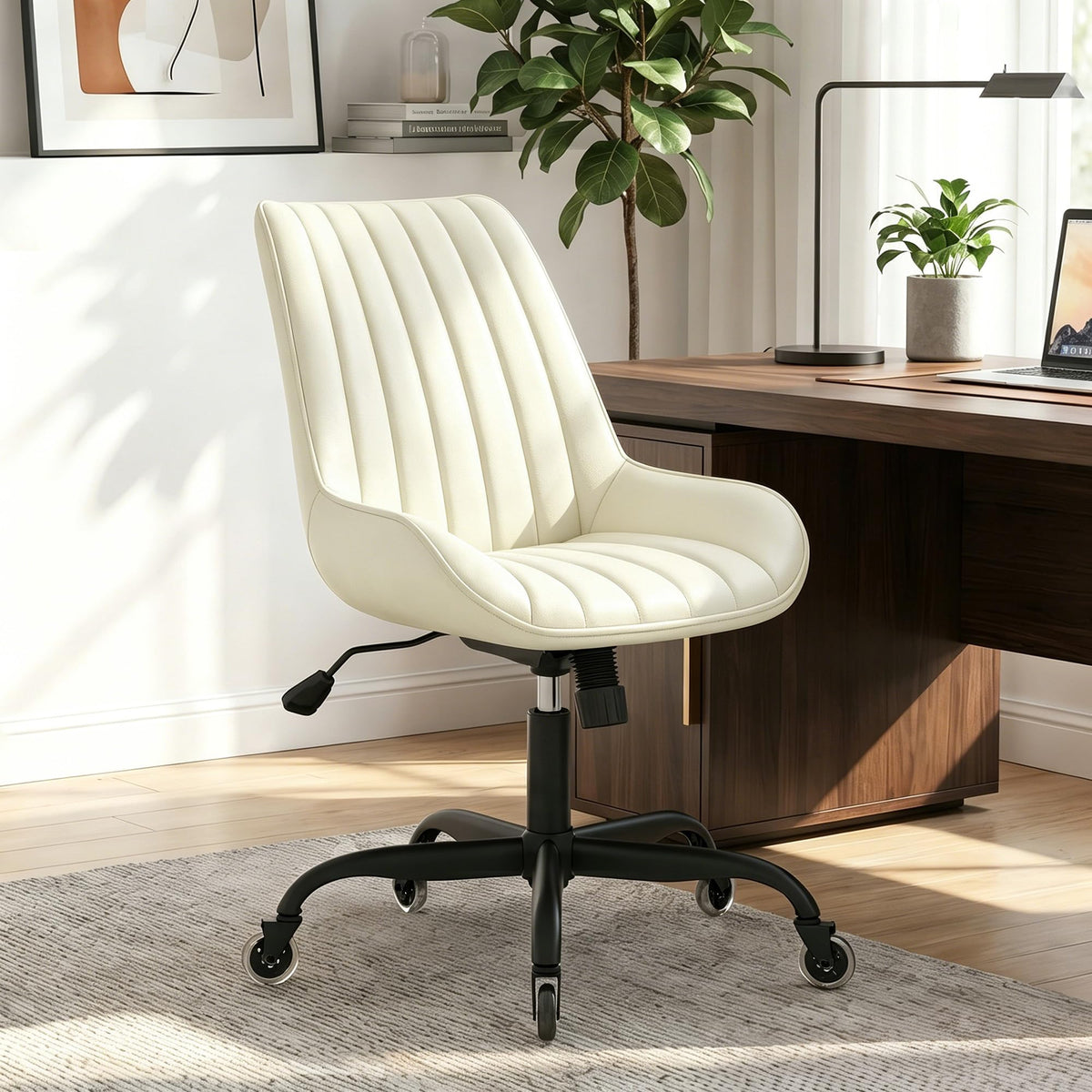 Armless Office Chair, Mid Back Modern Desk Chair with Rubber Wheels, 360 Swivel PU Leather Office Chair No Arms, Adjustable Height Small Computer Chair, Armless Desk Chair for Office, Beige