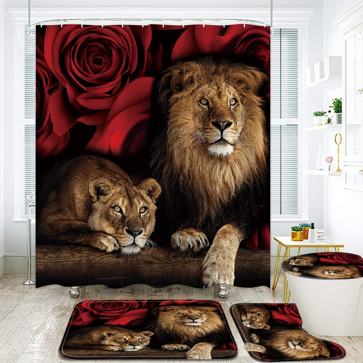 jieprom 4PCS Red Rose and Lion Shower Curtain Bathroom Set with Rugs, Toilet Lid Cover and Bath Mat, Red Shower Curtain with 12 Hooks, Complete Bathroom Accessories Decor Set