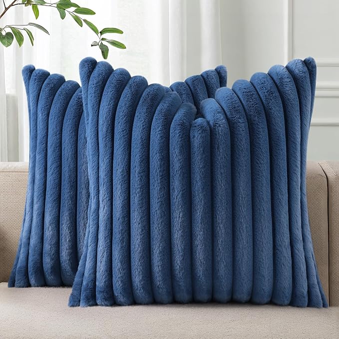 Pallene Faux Fur Plush Throw Pillow Covers 18x18 Set of 2, Luxury Soft Fluffy Striped Decorative Pillow Covers for Sofa, Couch, Living Room, Navy Blue