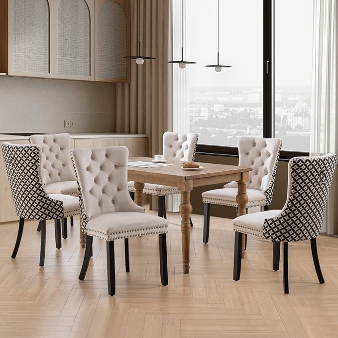 SoarFlash Velvet Dining Chairs Set of 6, Tall Back Side Chair, Modern Upholstered Side Chair with Button Back Ring, Solid Wood Legs (White&Plaid)