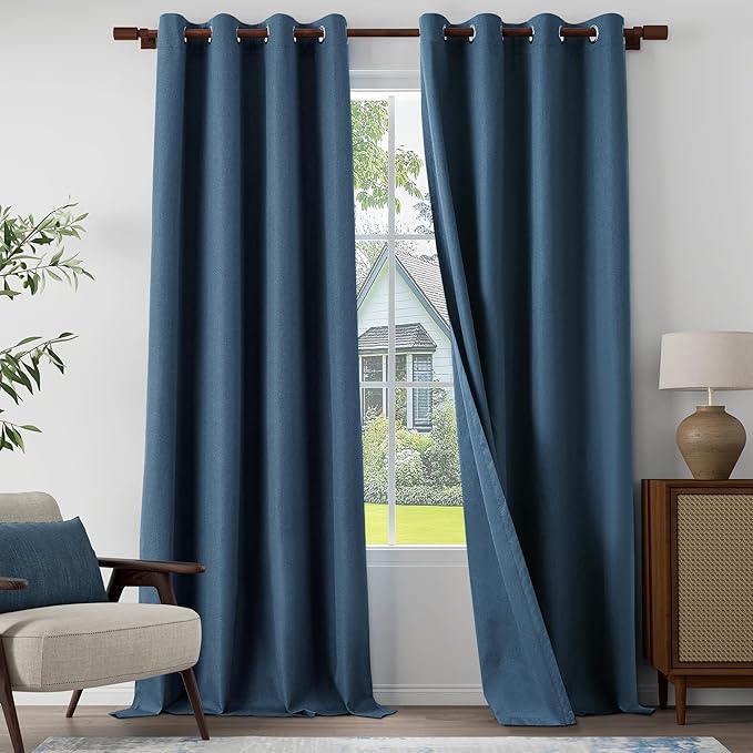 Extra Lenght 100% Blackout Linen Textured Curtains 120 Inch Length 2 Panels Set for Living Room, Bedroom, Full Blackout Curtains with Grommets Top, Dark Blue, 52" W x 120" L, 2 Panels