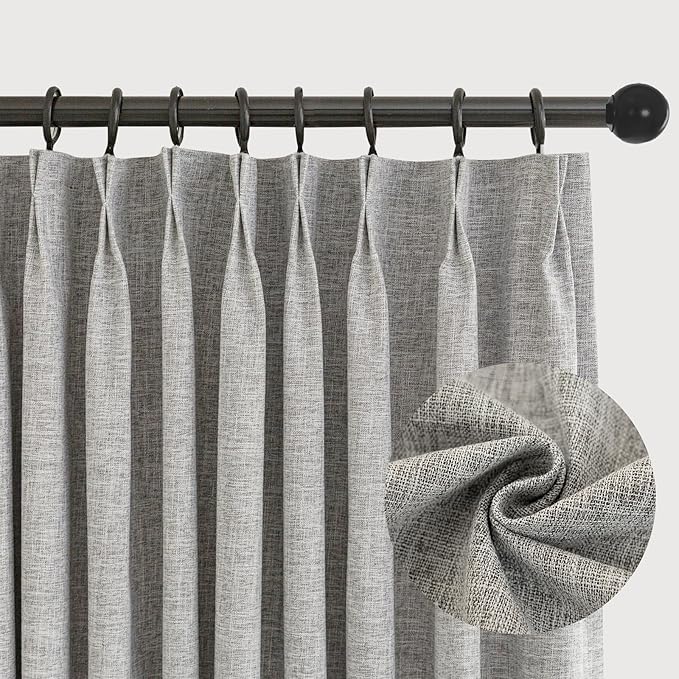 LETAU Pinch Pleats Grey Linen Texture Curtains 84 inches Long, 100% Blackout Privacy Window Linen Texture Curtains Panels Drapery, 84" W x 84" L, 2 Panels
