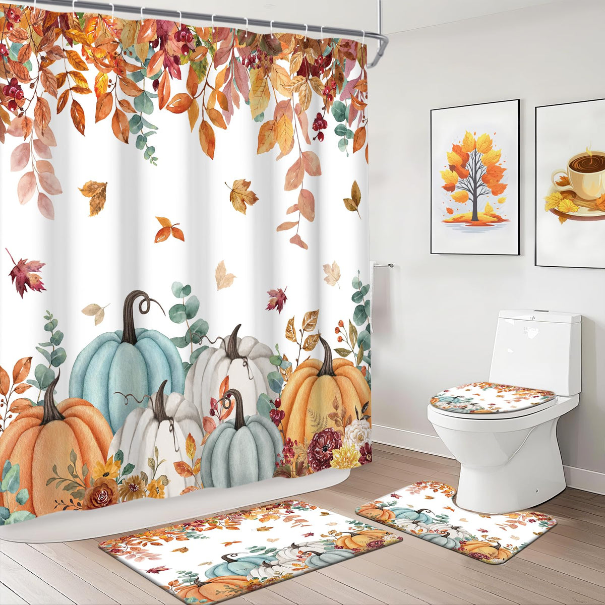 MEHOFOND Fall Pumpkin Thanksgiving Harvest Shower Curtain Sets 4 Pcs