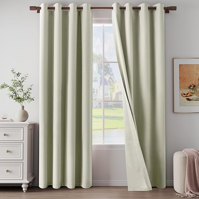 100% Blackout Linen Textured Curtains 90 Inch Length 2 Panels Set for Living Room, Bedroom, Light Weight Curtains with Grommets Top, Full Blackout Curtains Privacy Protection, Beige, 52" W x 90" L