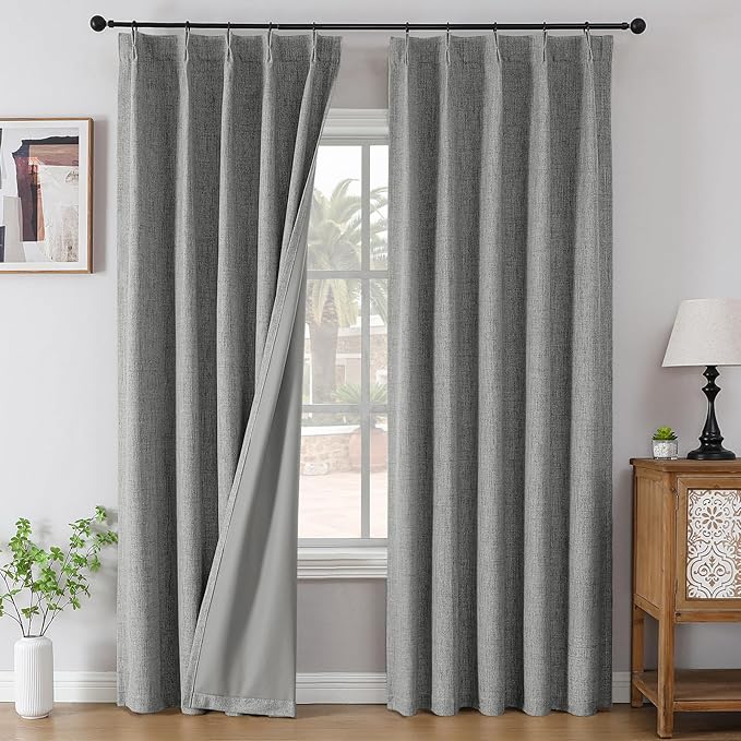 Joydeco Pinch Pleated Curtains - 100% Blackout for Bedroom, Light Grey Linen Curtains 40" W x 90" L, Thermal Insulated 2 Panels Light Blocking Drapes, Back Tabs for Living Room