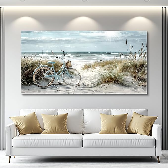 FUHAIHUA Large Wall Decor For Living Room Canvas Wall Art For Bedroom Modern Office Decoration Blue Beach Bicycle Seascape Painting Ocean Landscape Wall Pictures Artwork Home Decor Posters 24"X48"