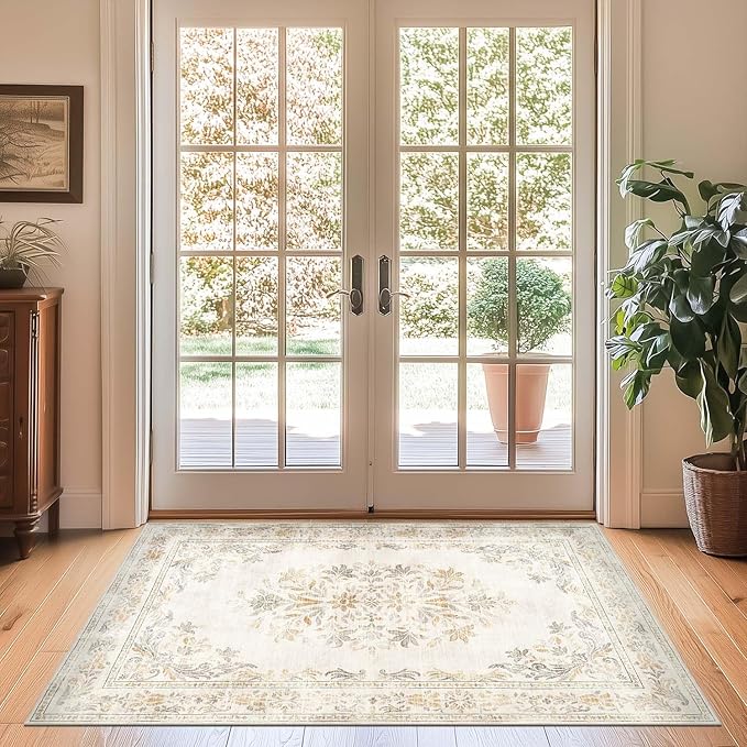 jinchan Vintage Floral 3x5 Area Rugs for Entryway - Machine Washable Distressed Design Ultra-Thin Low-Pile Soft Non-Shedding Carpet for Kitchen Bedroom Entrance Laundry Living Room (3x5ft, Light Grey)