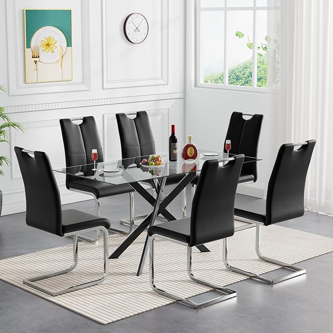 HomVent 7 Pieces Rectangular Glass Dining Table Set, Glass Kitchen Table Set for 6 Dinner Table Set with 6 PU Dining Chairs for Kitchen Dining Room
