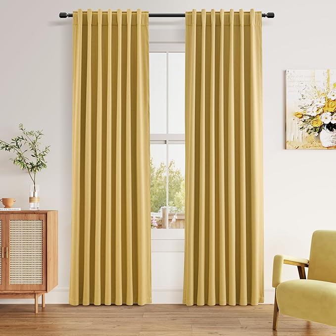Guken Blackout Curtains 84 Inch Length 2 Panels Set for Living Room Bedroom Back Tab Thermal Insulated 100% Black Out Linen Drapes Room Darkening Window Curtains 84 Inches Long,Gold