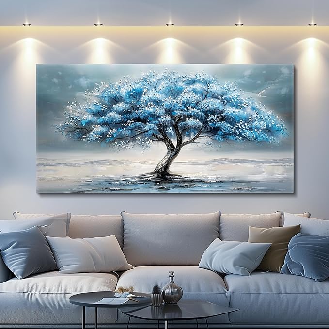 FUHAIHUA Farmhouse Wall Decor For Living Room Large Canvas Wall Art For Bedroom Office Decorations Blue Tree Paintings Abstract Wall Pictures Artworks Ready To Hang Home Decor Mural Art 24"X48"