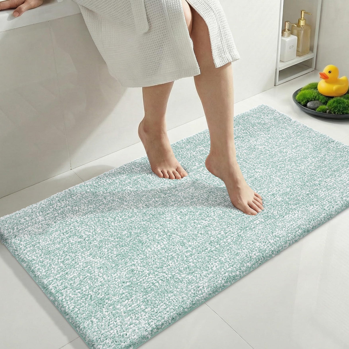 Yimobra Cushioned Anti-Fatigue Long Bathroom Runner Rug, Non Slip Washable Bath Mat, Dense Soft for Double Sink Vanity, Tired Feet Comfort, Absorbent, 44" X 24" (3.7' × 2.0'), Light Blue and White