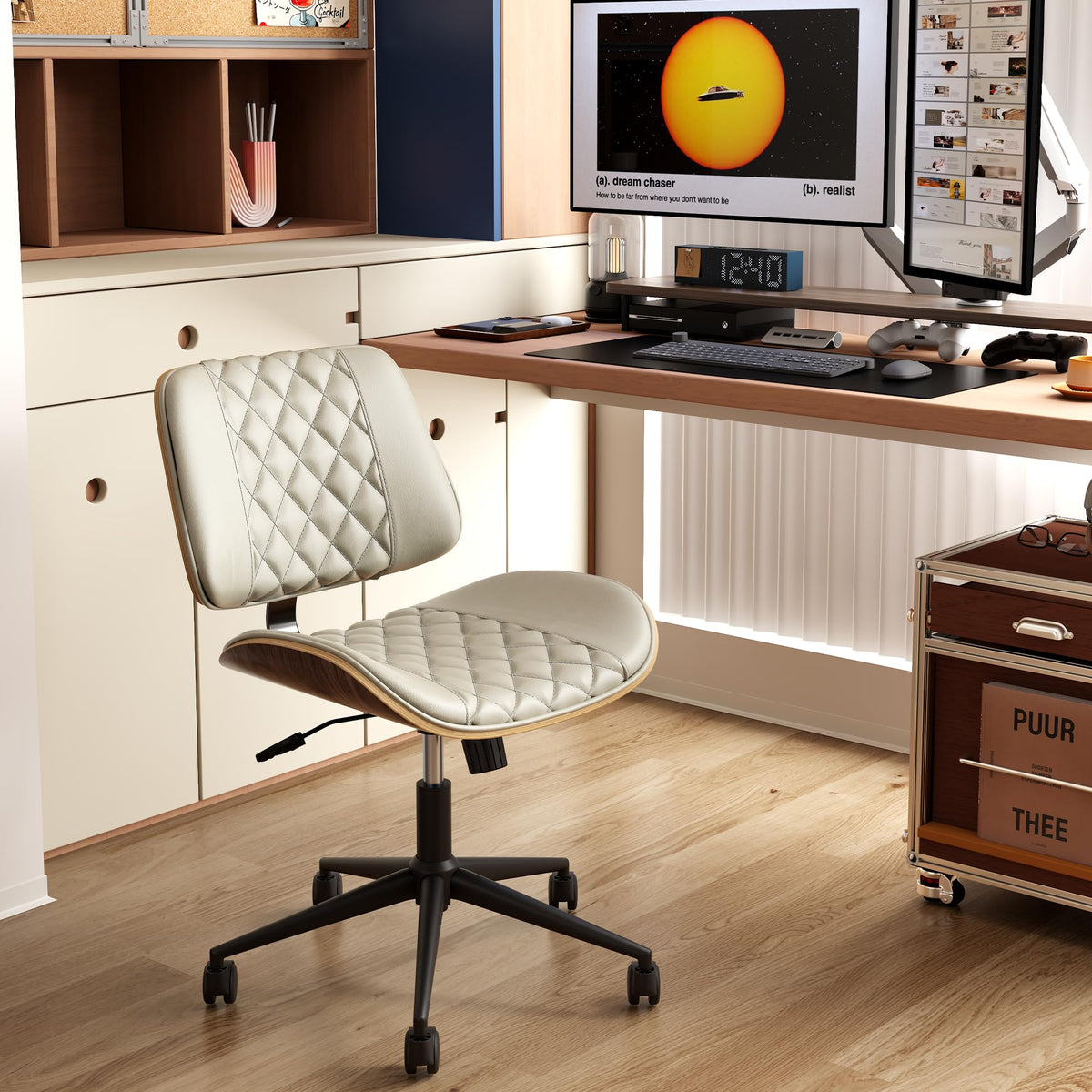 zavxzren Home Office Chair No Arms with Wheels, Armless Adjustable Height Small Desk Chair, Armless PU Leather Computer Chair Mid Back 360 Swivel, Modern Walnut, Reading Meeting Room (White)