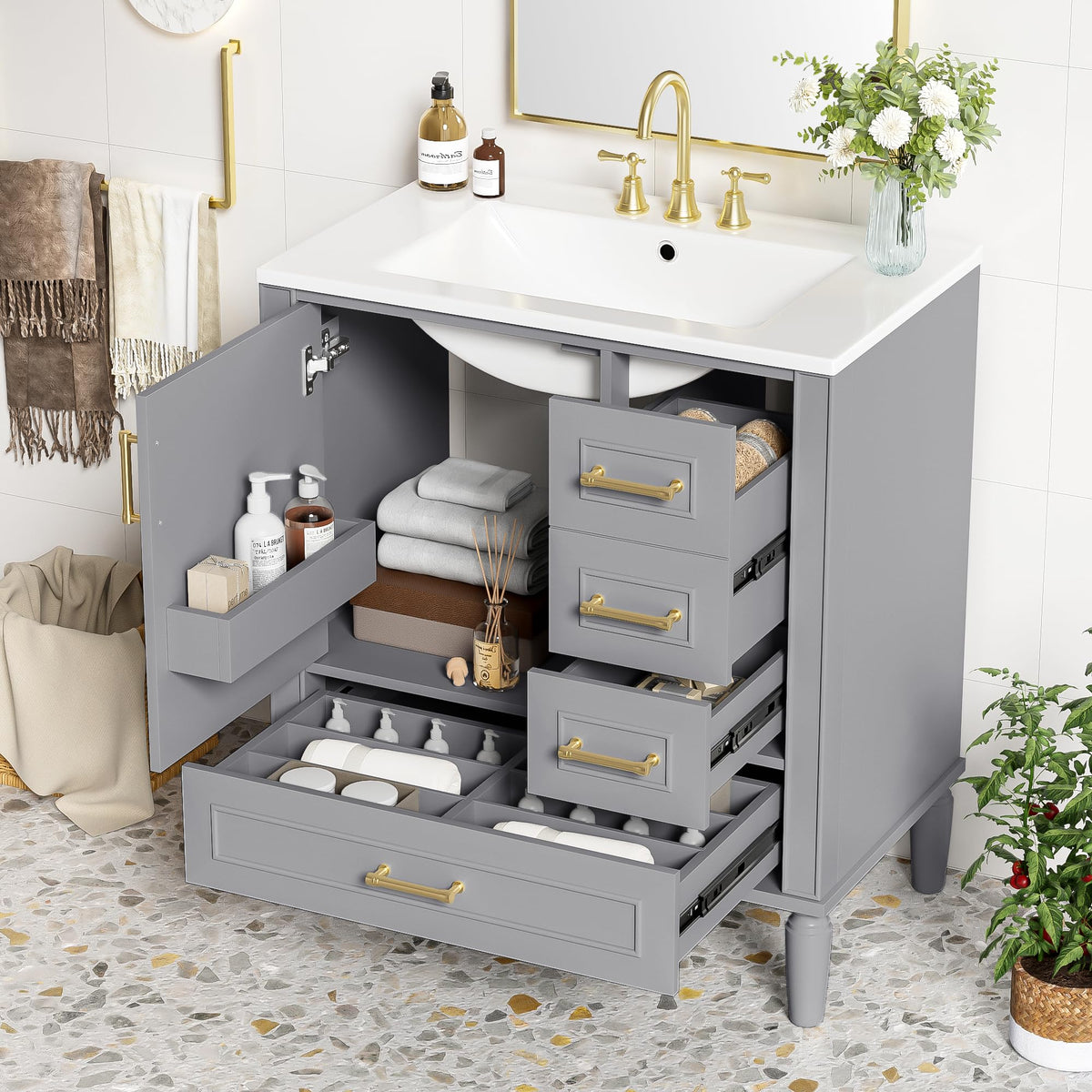 Virubi 30" Single Bathroom Vanity with Sink, Soft Closing Doors, Wood Modern Bathroom Sink Cabinet with Drawers, Door and Shelf, Freestanding (Grey)