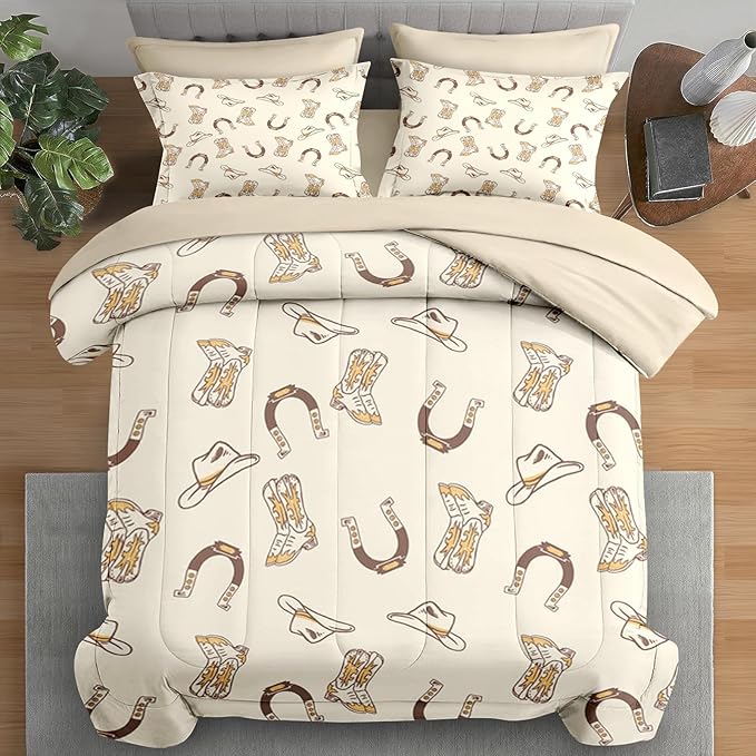 Comforter Set Twin Size, Vintage Cowgirl Cowboy 5 Pcs Bedding for Kids and Adults, Retro Western Horseshoe Bed Sheet Sets with Fitted Sheet Pillowcase & Sham