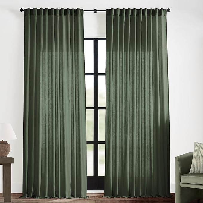 XTMYI Olive Green 102 Inch Length Back Tab/Hook Belt Linen Cotton Sheer Curtains for Bedroom 2 Panels,70 Inch Wide