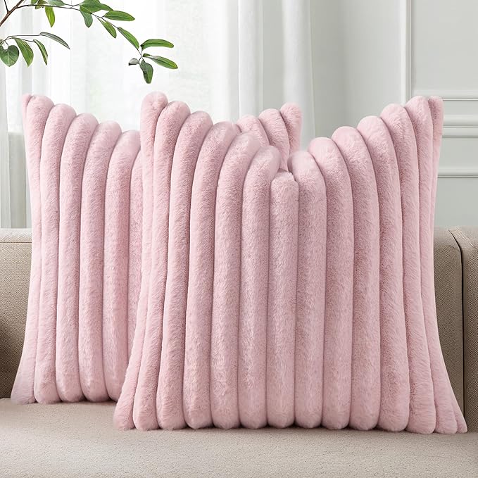 Pallene Faux Fur Plush Throw Pillow Covers 22x22 Set of 2, Luxury Soft Fluffy Striped Decorative Pillow Covers for Sofa, Couch, Living Room, Blush Pink
