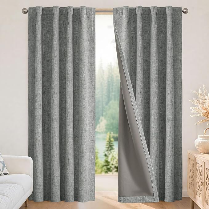 Joydeco Blackout Curtains for Bedroom - 63 Inch Long 100% Light Blocking 2 Panels Light Grey Drapes, Thermal Insulated Room Darkening Curtains, Linen Textured for Living Room, Rod Pocket & Back Tabs