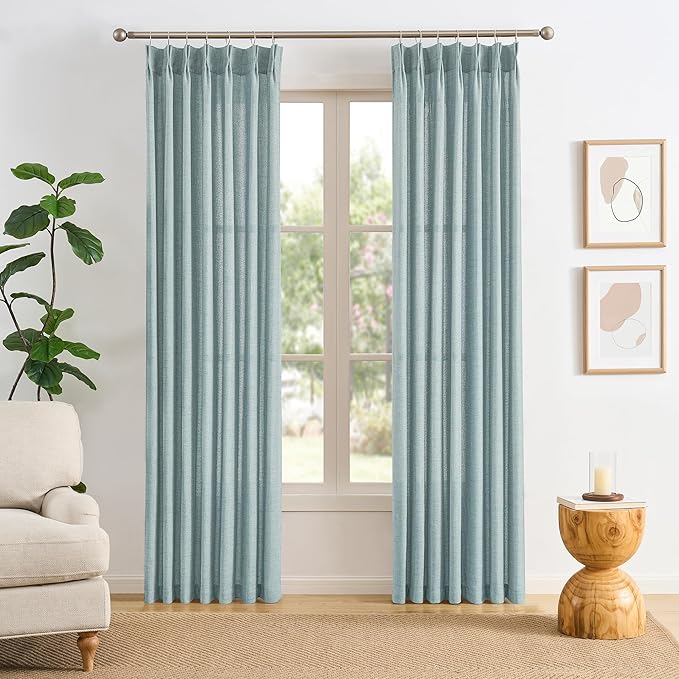 Light Blue Linen Pinch Pleat Curtains 120 Inches Long Pleated Semi Sheer Textured Drapes Hooks Back Tab Coastal Modern Light Filtering Curtain 2 Panels for Living Room Bedroom Office 42x120