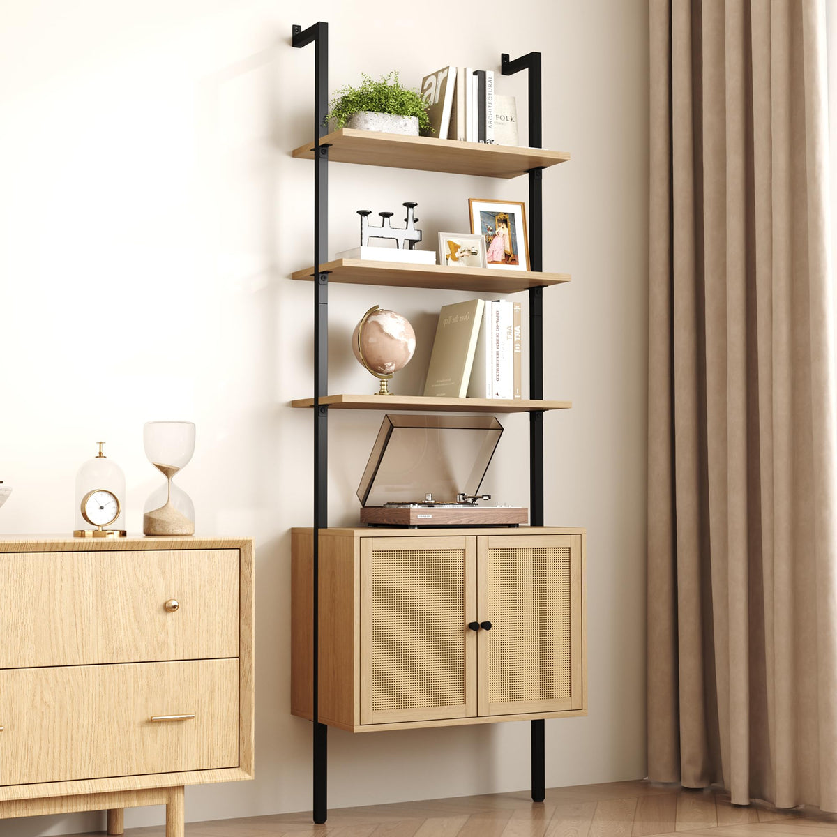 Yusong 73" Tall Bookshelf with Cabinet, Industrial Ladder Wall Mount Shelf Rattan Bookcase with Wood and Metal Frame, Plant Shelf Wall Storage Display for Living Room Bedroom,Light Ivory Brown