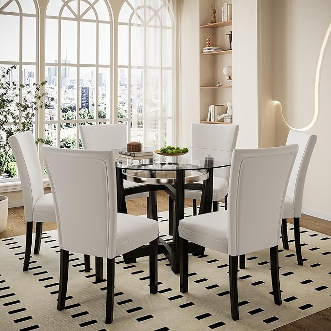 PADMA HOUSE Round Glass Dining Table Set for 6, 45in Modern Kitchen Small Wood Dinner Table with 6 Parsons Leather Dining Chairs 7 Piece Dining Room Table Chair Set,Clear&Ivory