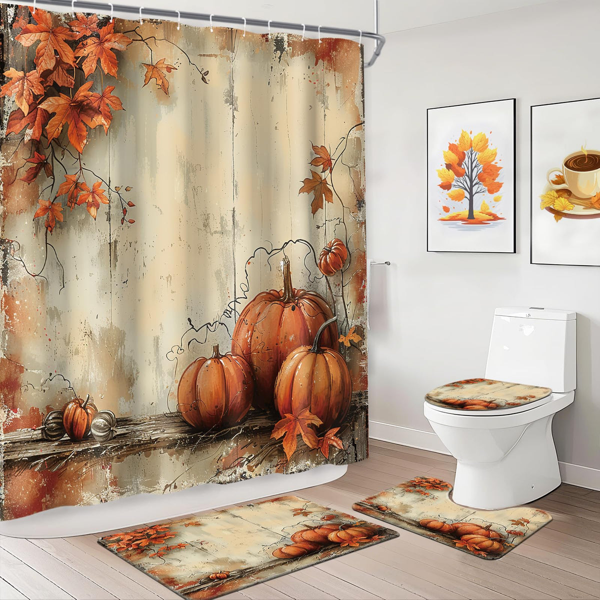 MEHOFOND Fall Pumpkin Vintage Thanksgiving Shower Curtain Sets 4 Pcs