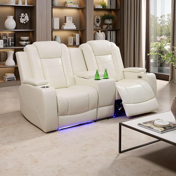 Power Recliner Loveseat Set, Leather Reclining Sofa Sectional Couch, 2 Seater Reclining Couches, Living Room Furniture Sets, Reclining Sofa with Storage Console for House(Creamy White)