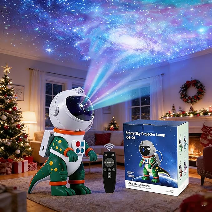 Galaxy Star Projection Night Light, Dinosaur Astronaut Space Projector with Timer, Remote Control, 8 Lighting Modes, Green Nebula Effects for Kids Room Ceiling Decor(Green)