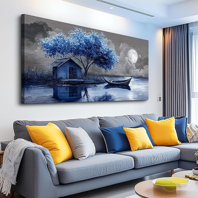 XIGUANGART Large Canvas Wall Art for Living Room Blue Boat and House Picture Paintings Abstract Art Prints Modern Ocean Scenery Artwork Tree of Life Poster for Bedroom Bathroom Office Home Wall Decor