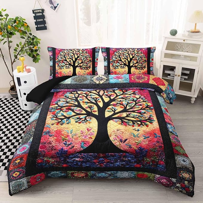 AILONEN Colorful Tree of Life Comforter Set Twin Size,Bohemian Ethnic Tree Flower Comforter with 2 Pillowcases,3-Piece Retro Duvet Set