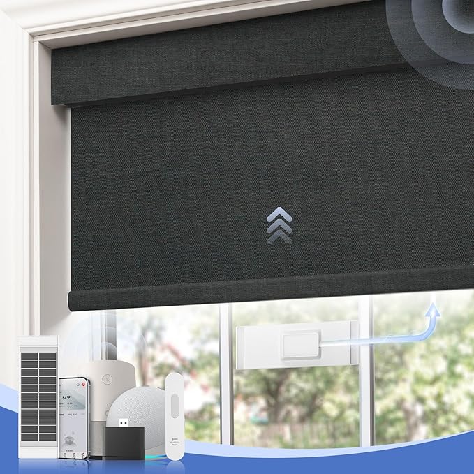Motorized Blinds with Remote,100% Blackout Smart Roller Shades,Rechargeable Smart Blinds【Solar Panel Included】 Wireless Electric Cordless Shades with Cover Compatible with Alexa Black 48 * 72
