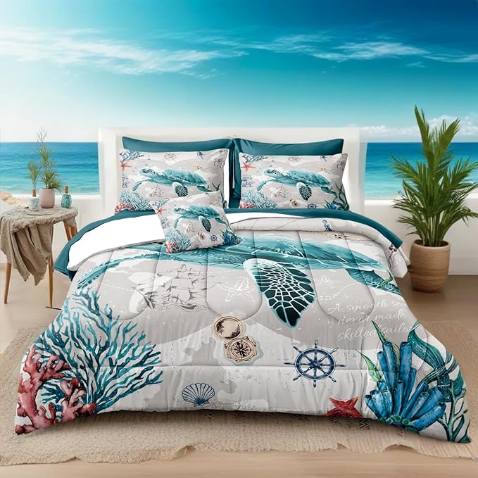 Bedbay Coastal Bedding Comforter Set Ocean King Bed Set Sea Turtle Comforter 8 Pcs Soft Lightweight King Size Bed in Bag Set Ocean Themed Quilt Down Alternative Duvet Set