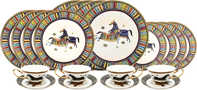 Porcelain Dinnerware Set for 4-20 Piece Luxury Greek Horse Cheval Banquet Dinner Set - Elegant Design - Plates and Cups with Saucers - Dining Set for Everyday Use or Formal Occasions