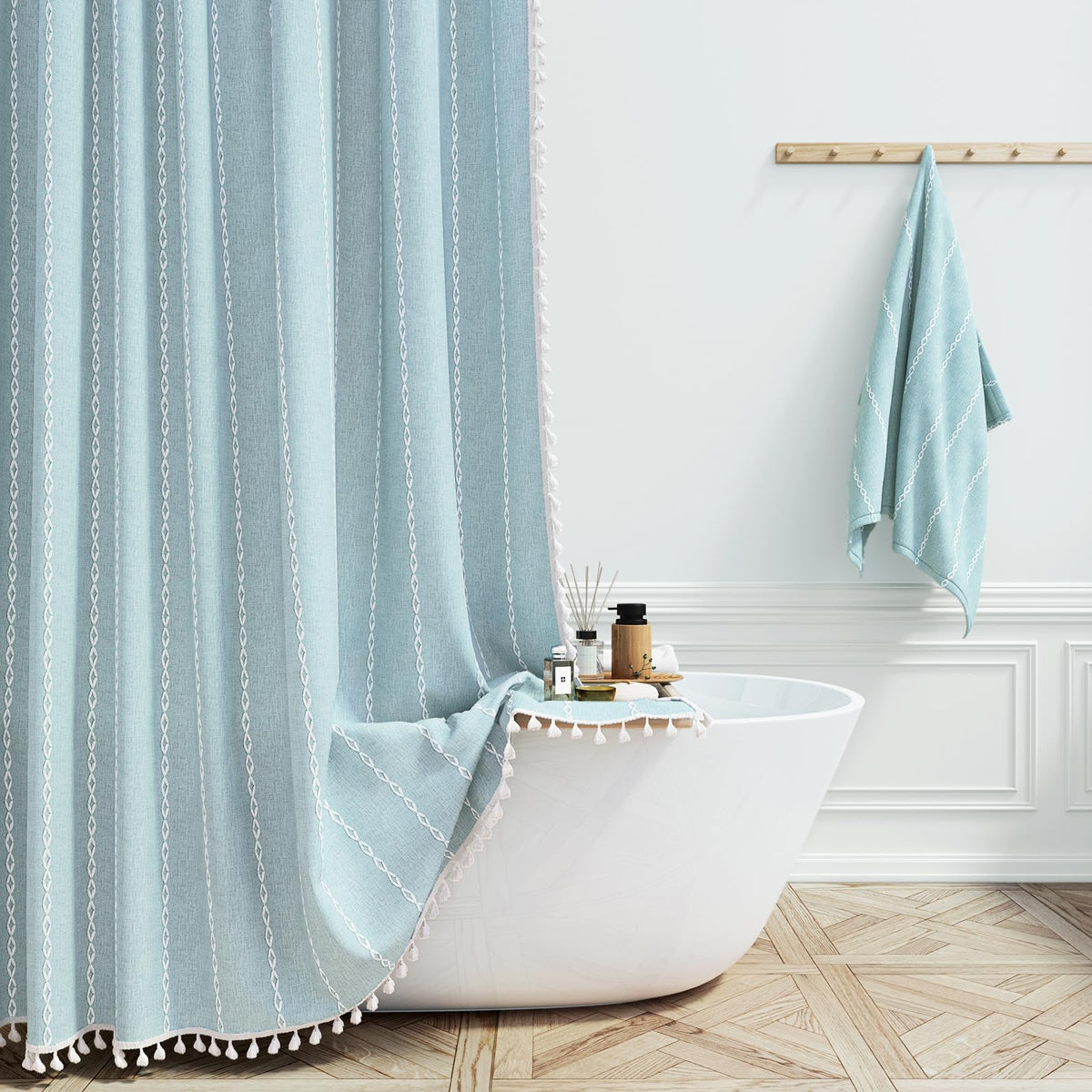 BTTN 54x78 Boho Farmhouse Linen Heavy Duty Shower Curtain Set, Fog Blue