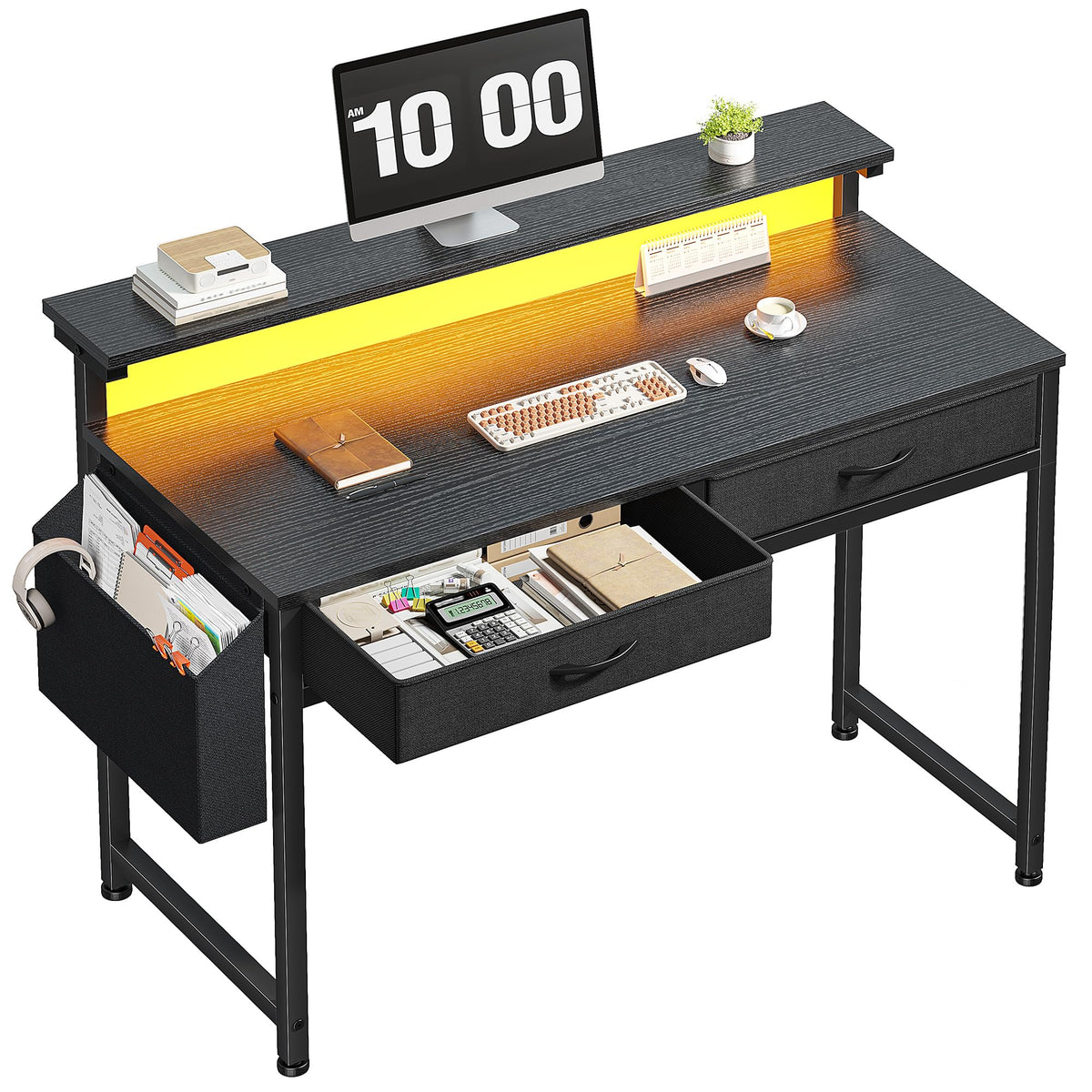 DurayLoly 39.4" Office Computer Desk with LED Lights & 2 Drawers,Black