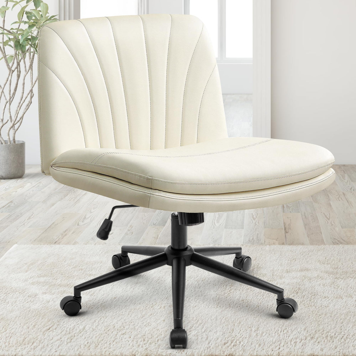 Orange Factory Criss Cross Chair, Wide Leather Vanity Desk Seat, Beige Pu