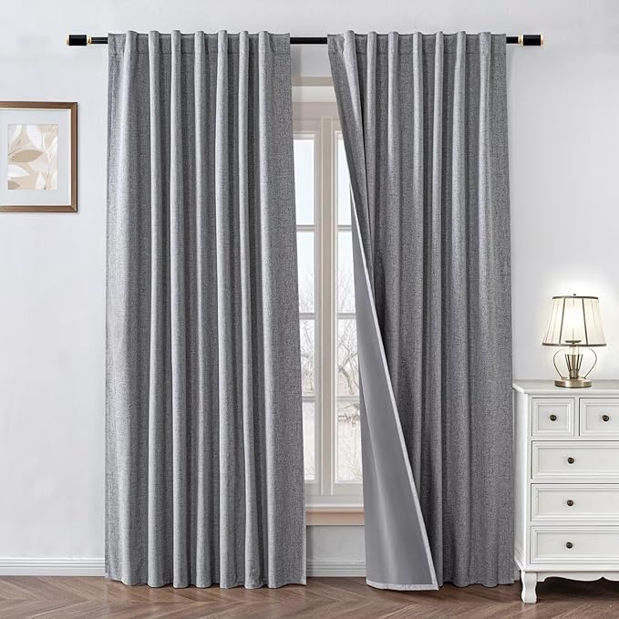 100% Blackout Curtains 84 inch Length 2 Panels Faux Linen Long Drapes for Bedroom Living Room Black Out Room Darkening Curtain Thermal Insulated Back Tab Rod Pocket(W37 x L84, Light Grey)