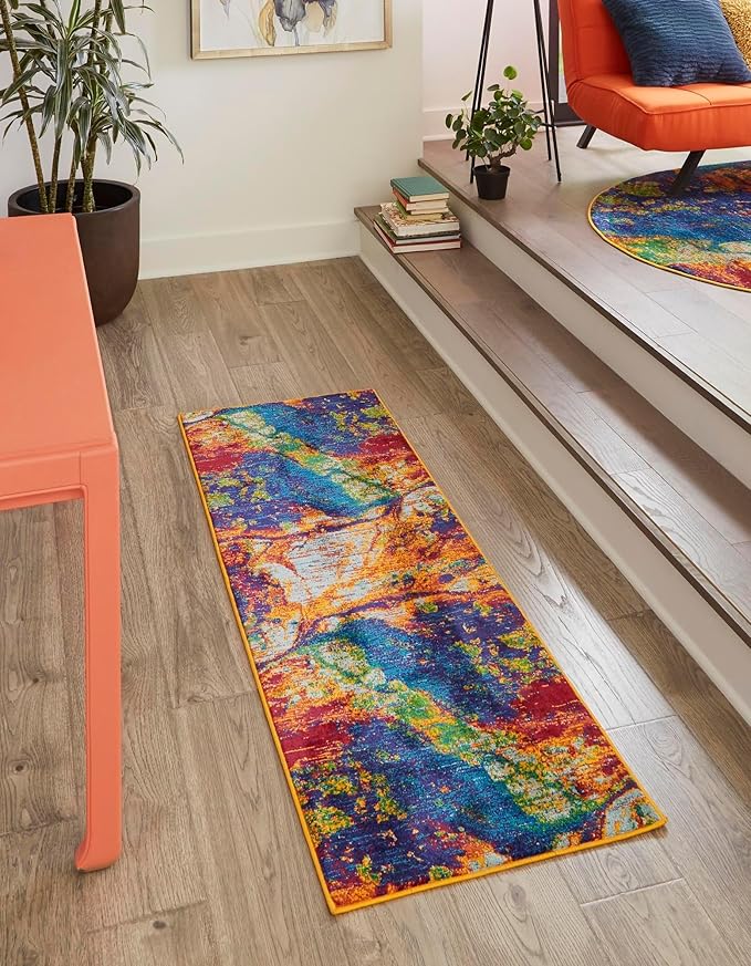 Rugs.com Calypso Collection Rug – 5 Ft Runner Multi Medium-Pile Rug Perfect for Hallways, Entryways