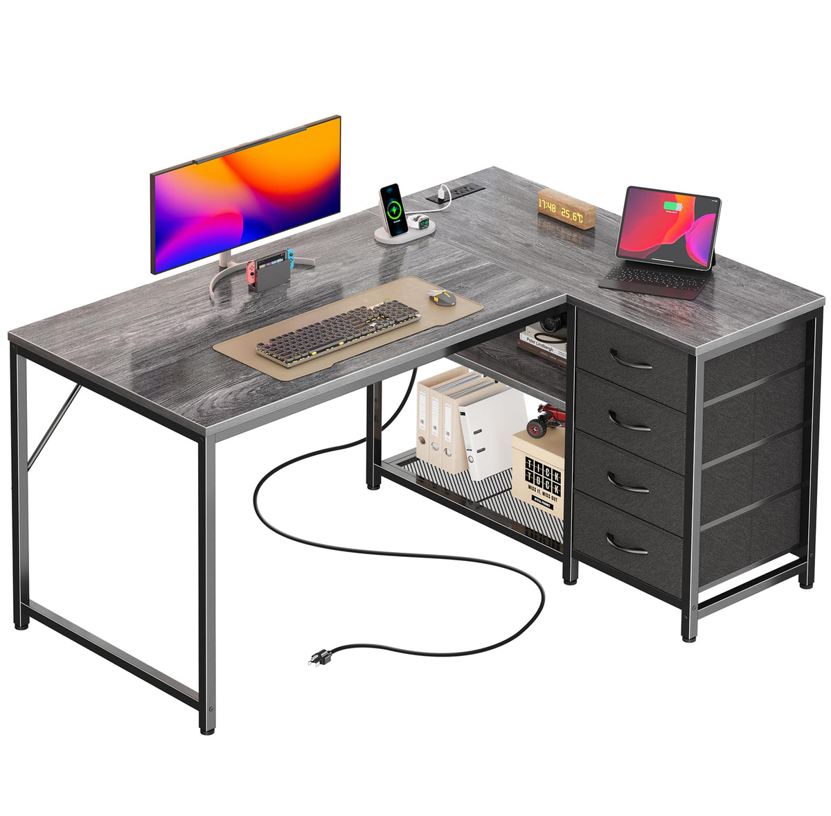 PRAISUN 43.3" Small L Shaped Desk with Power Outlets & 4 Drawers