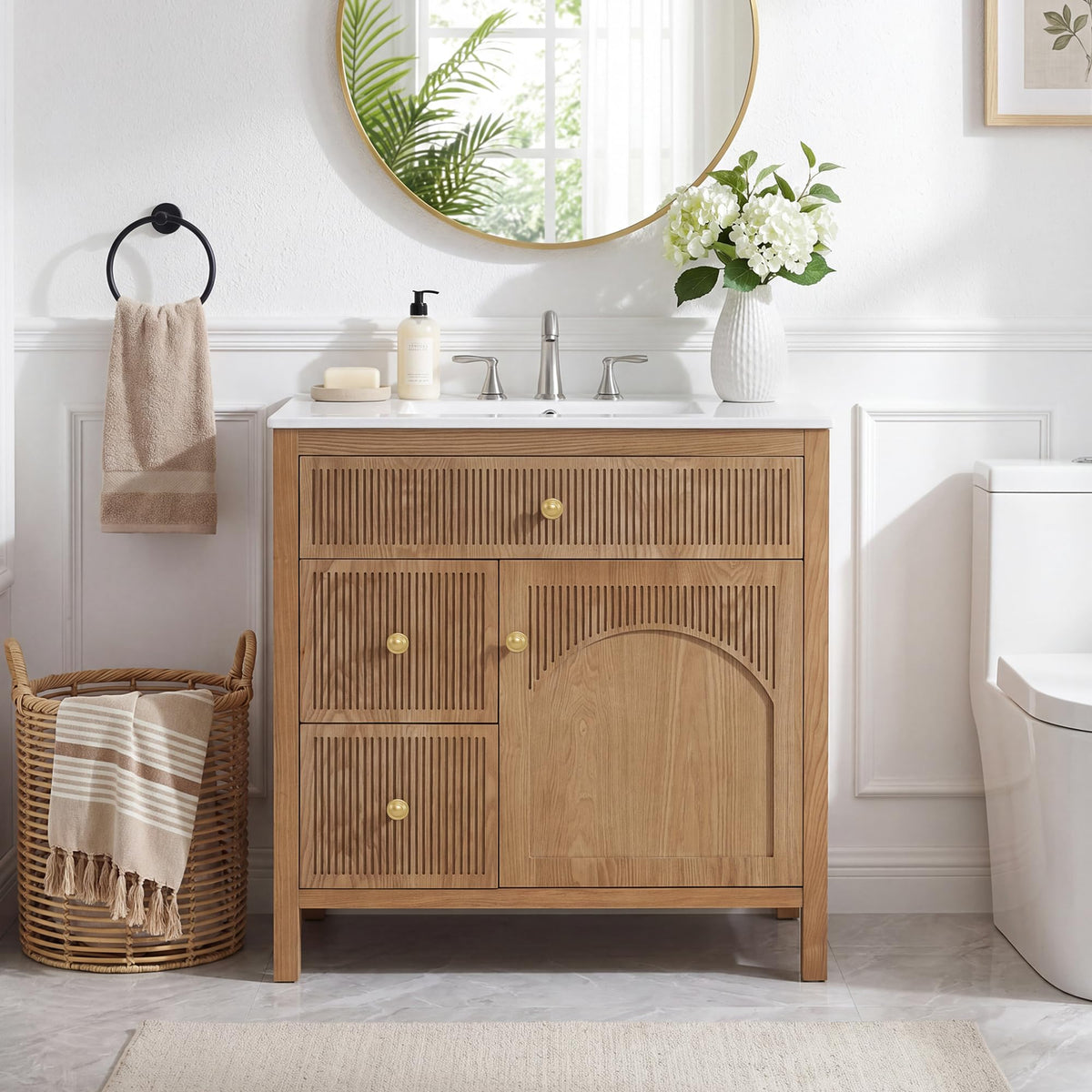 GDFStudio 30" Freestanding Farmhouse Bathroom Vanity with White Ceramic Sink Top, Natural Acacia Wood Herringbone Chevron Cabinet, Soft-Close Doors, Full-Extension Drawer, Brushed Gold Handles