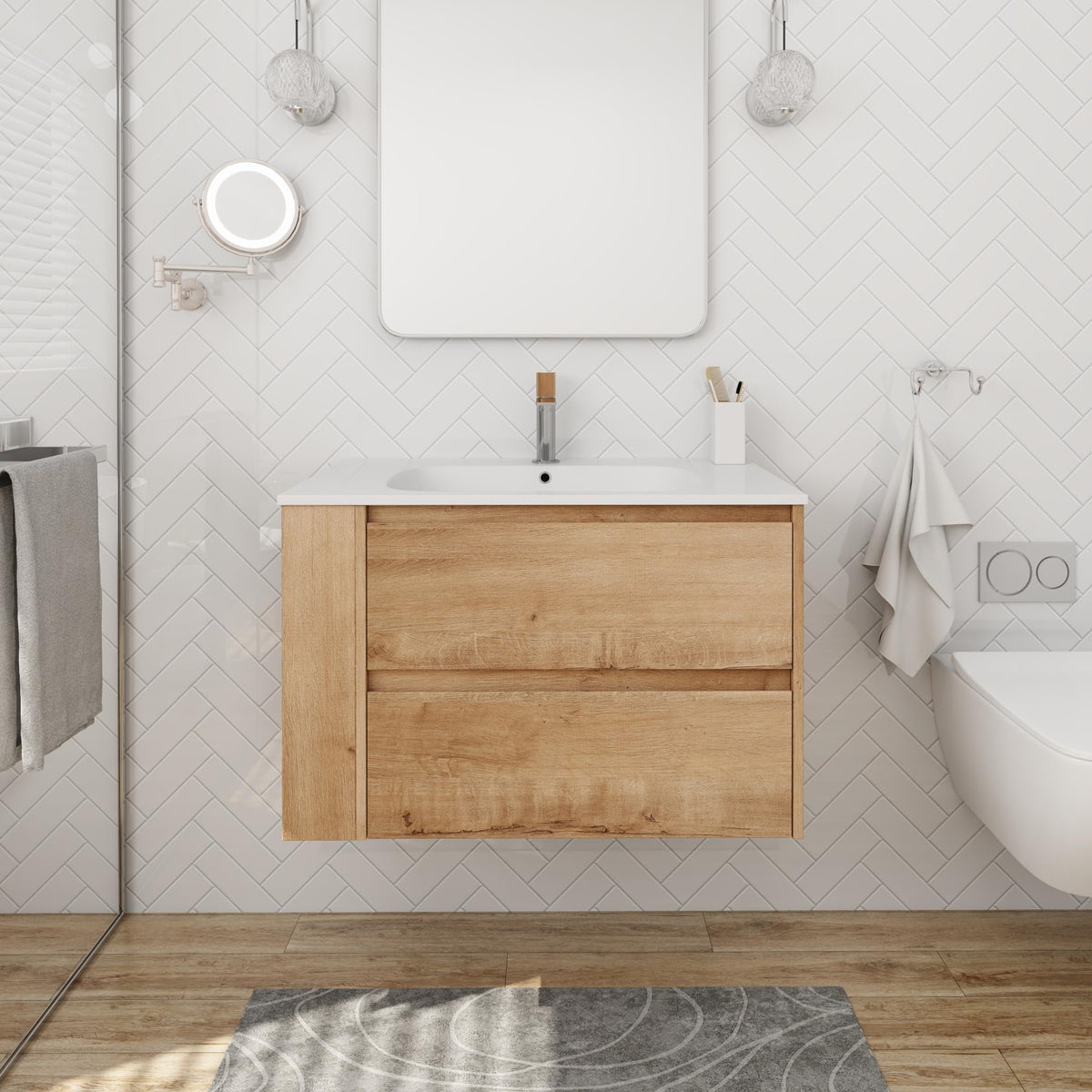 SSLine Modern 30 Inch Floating Bathroom Vanity with Sink Wall Mounted Bathroom Vanity Set with Top Basin & 2 Drawer and Open Shelf Wood Hanging Bath Cabinet w/Gel Sink (30"-M Brown-Gel Sink)