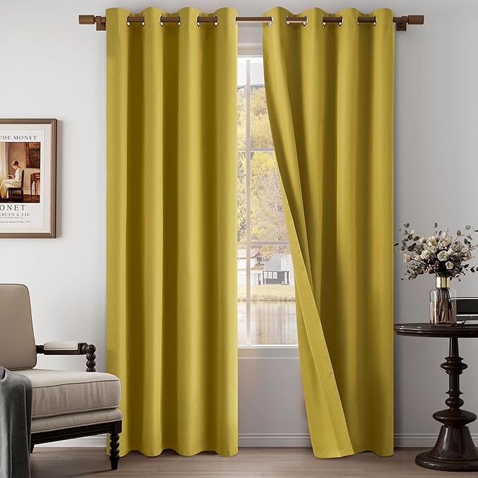 100% Blackout Linen Textured Curtains 95 Inch Length 2 Panels Set for Living Room, Bedroom, Light Weight Curtains with Grommets Top, Full Blackout Curtains Privacy Protection, Gold, 52" W x 95" L