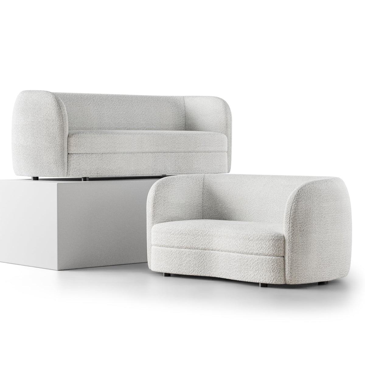 Furniture of America Nimiane Modern Boucle 2 Piece Sofa and Loveseat Set with Curved Arms and Wooden Legs, Accent Furniture Sets for Living Room, Home Office, Bedroom, Off-White