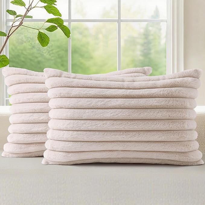 decorUhome Faux Fur Spring Throw Pillow Covers 12x20 Set of 2, Decorative Soft Plush Striped Lumbar Neutral Couch Euro Pillow Covers with Velvet Back for Sofa, Bed, Living Room Home Decor, Beige