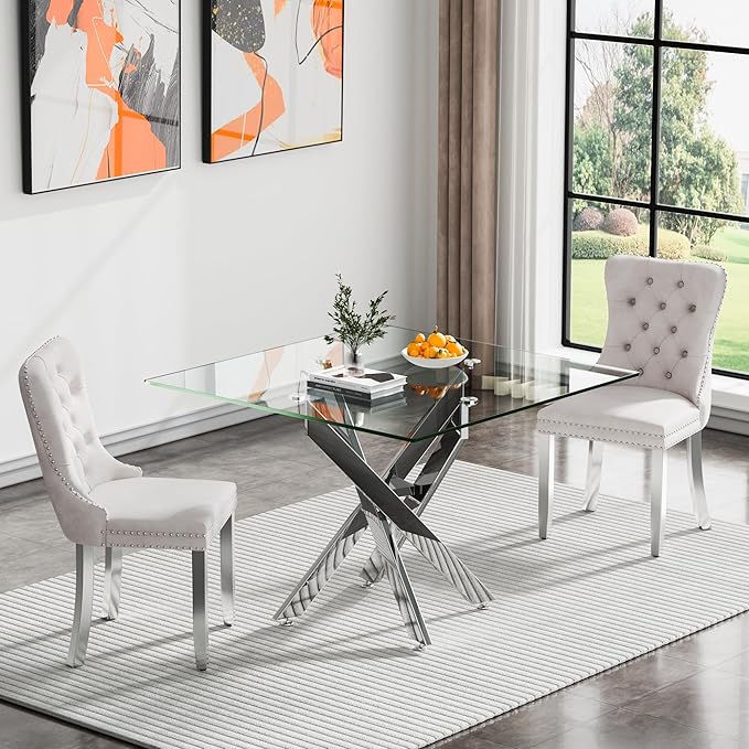Glass Dining Table Set for 2, Square 36" Dining Table with Silver Cross Metal Leg, 2 Beige Velvet Dining Chairs with Stainless Steel Legs, Modern Glass Kitchen Table and Chairs Set for Small Space