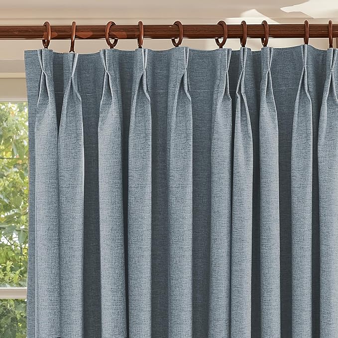 Textured Linen Pinch Pleats 100% Blackout Curtains for Bedroom/Living Room Blackout Curtains 84 Inches Long, Energy Saving Window Treatment Curtains,52Wx84Lx2,Grey Blue