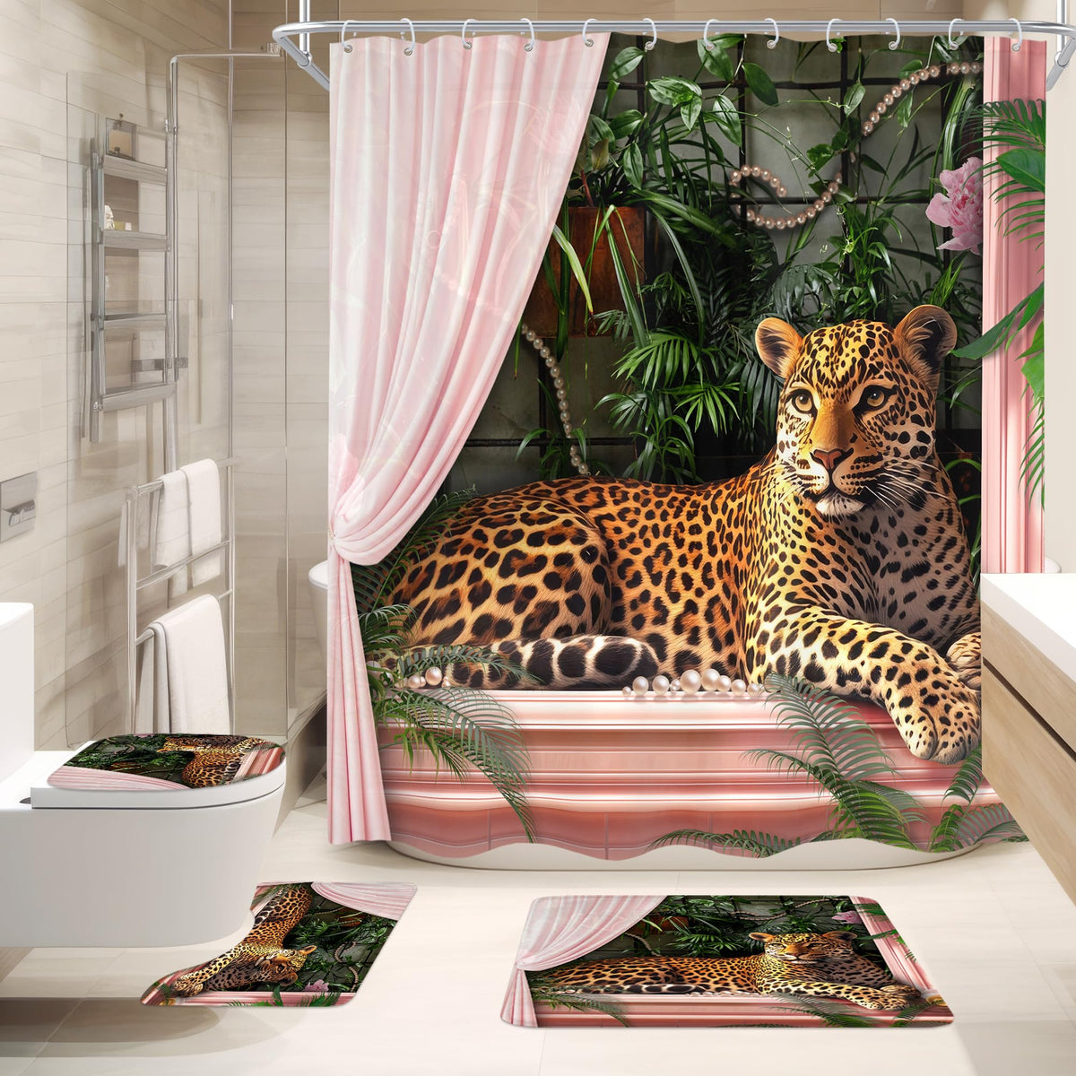 Pink Leopard Tropical Jungle 4Pcs Bathroom Shower Curtain Set with Rugs