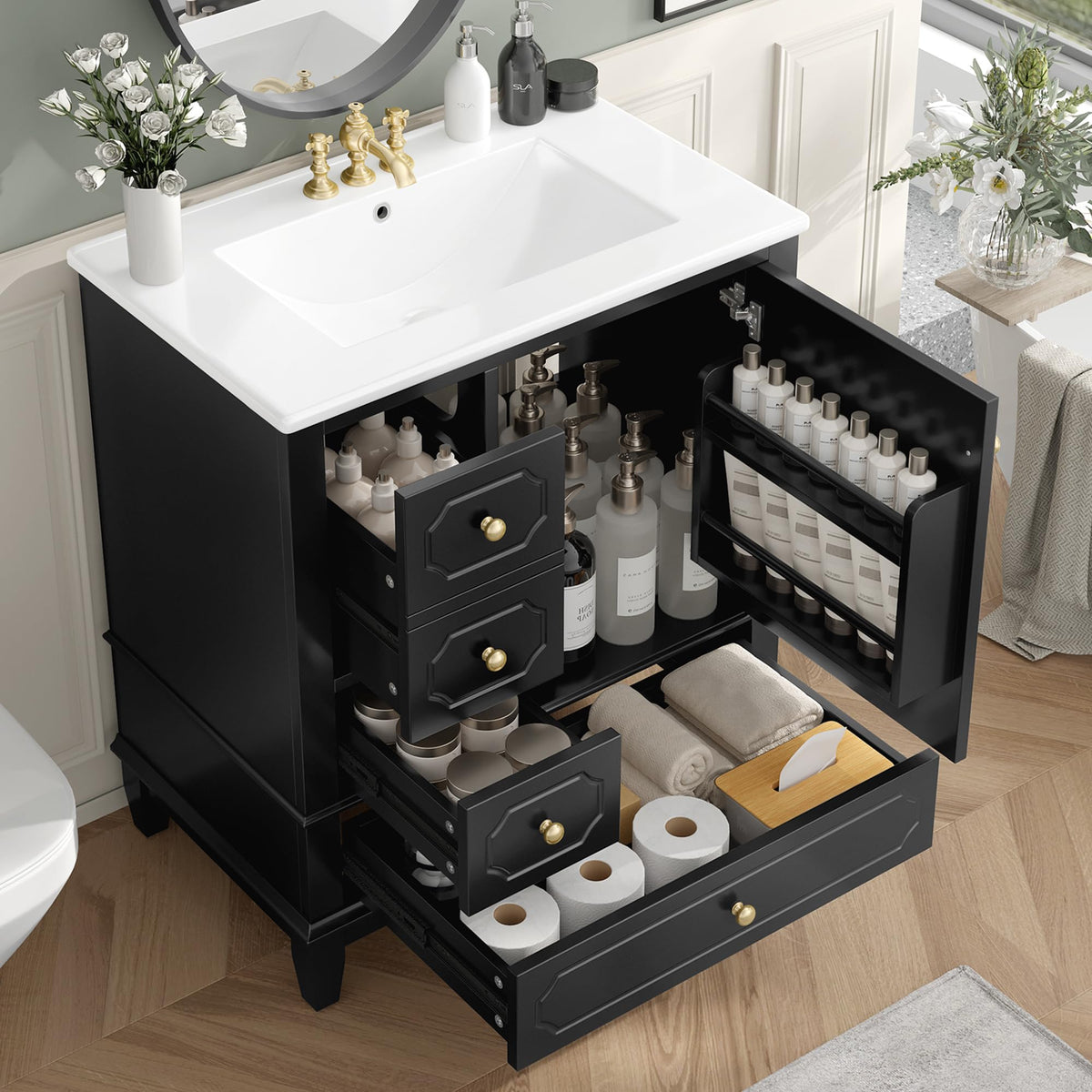 Virubi 30 in Bathroom Vanity with Sink and Soft Closing Doors,Solid Wood & MDF Modern Single Bathroom Sink Cabinet with Drawers,Freestanding (Black)