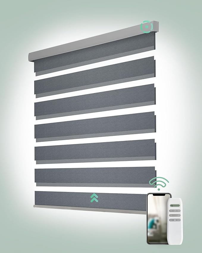 Yoolax Motorized Zebra Blinds, Remote Zebra Shades for Indoor Windows, Motorized Shades with Remote Light Control Horizontal Window Blinds Custom Size(100% Blackout Mesh Silver)